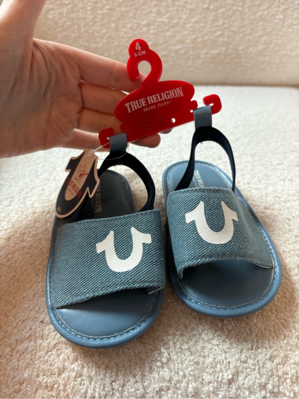 True Religion Blue Toddler Slide Sandals with White Horseshoe